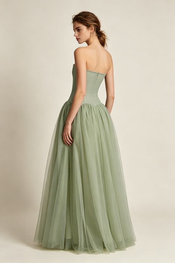 Strapless Tulle Pleated Gown in Green