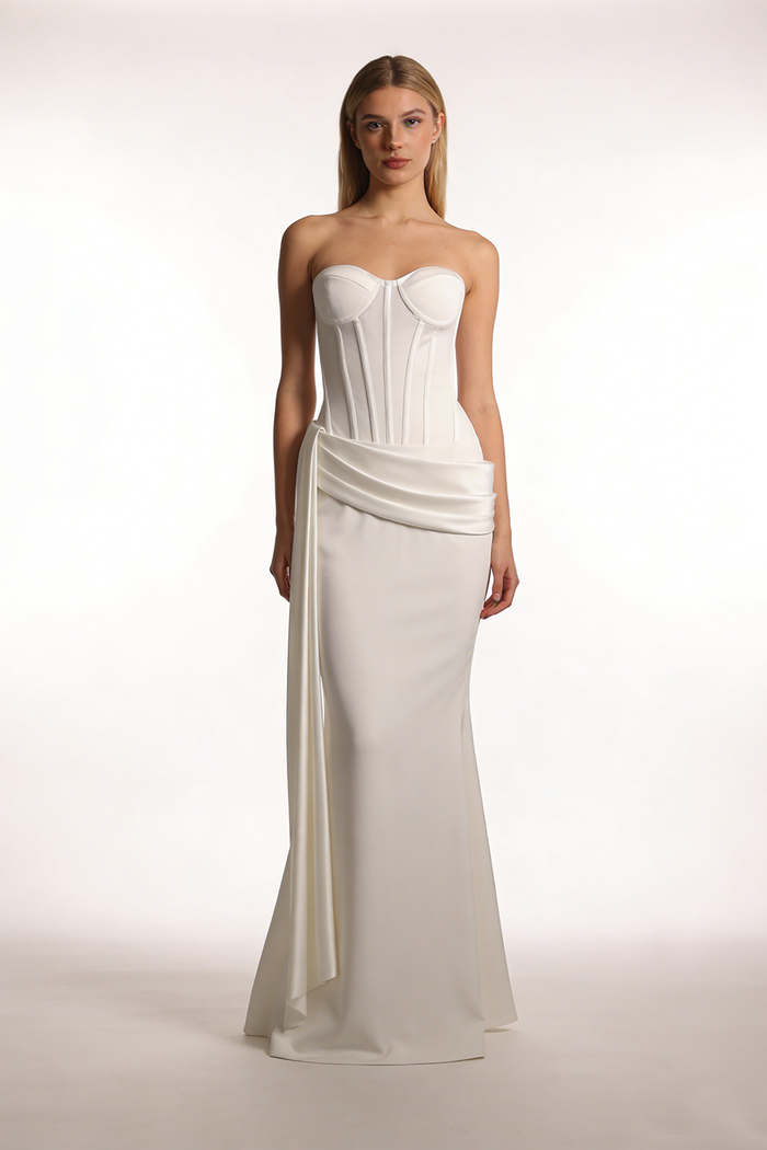 Strapless Veiled Corset Maxi Dress