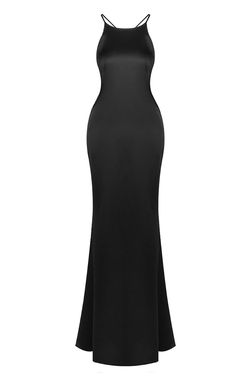 Strappy Backless-fishtail Maxi Dress in Black