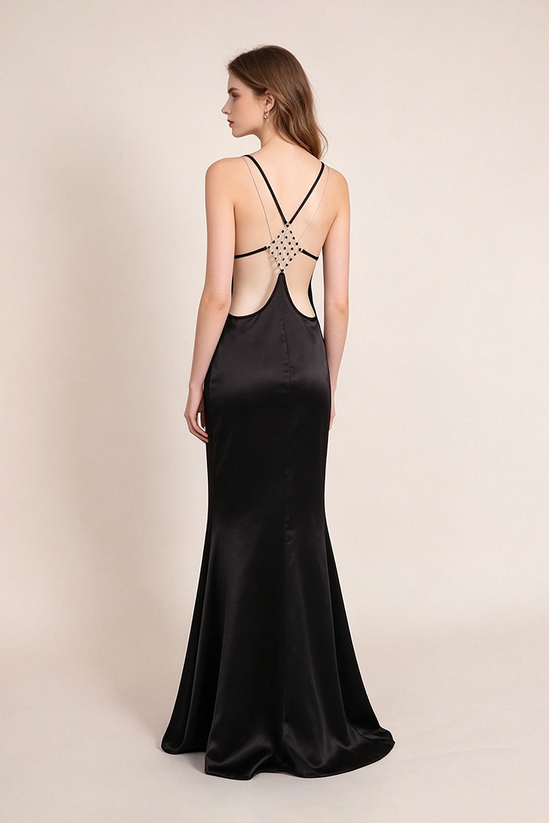 Strappy Backless-fishtail Maxi Dress in Black