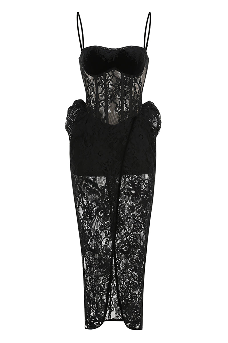 Strappy Corset Lace Maxi Dress in Black