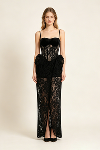 Strappy Corset Lace Maxi Dress in Black