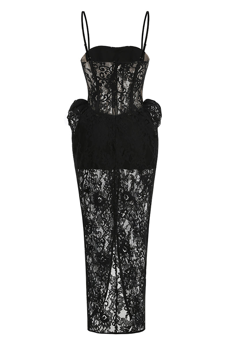 Strappy Corset Lace Maxi Dress in Black