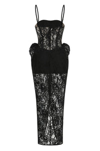Strappy Corset Lace Maxi Dress in Black