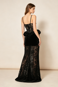 Strappy Corset Lace Maxi Dress in Black