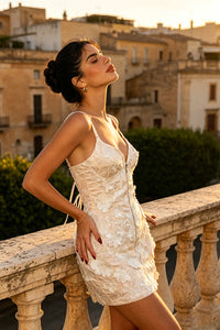 Strappy Floral Embroidered Mini Dress in Beige