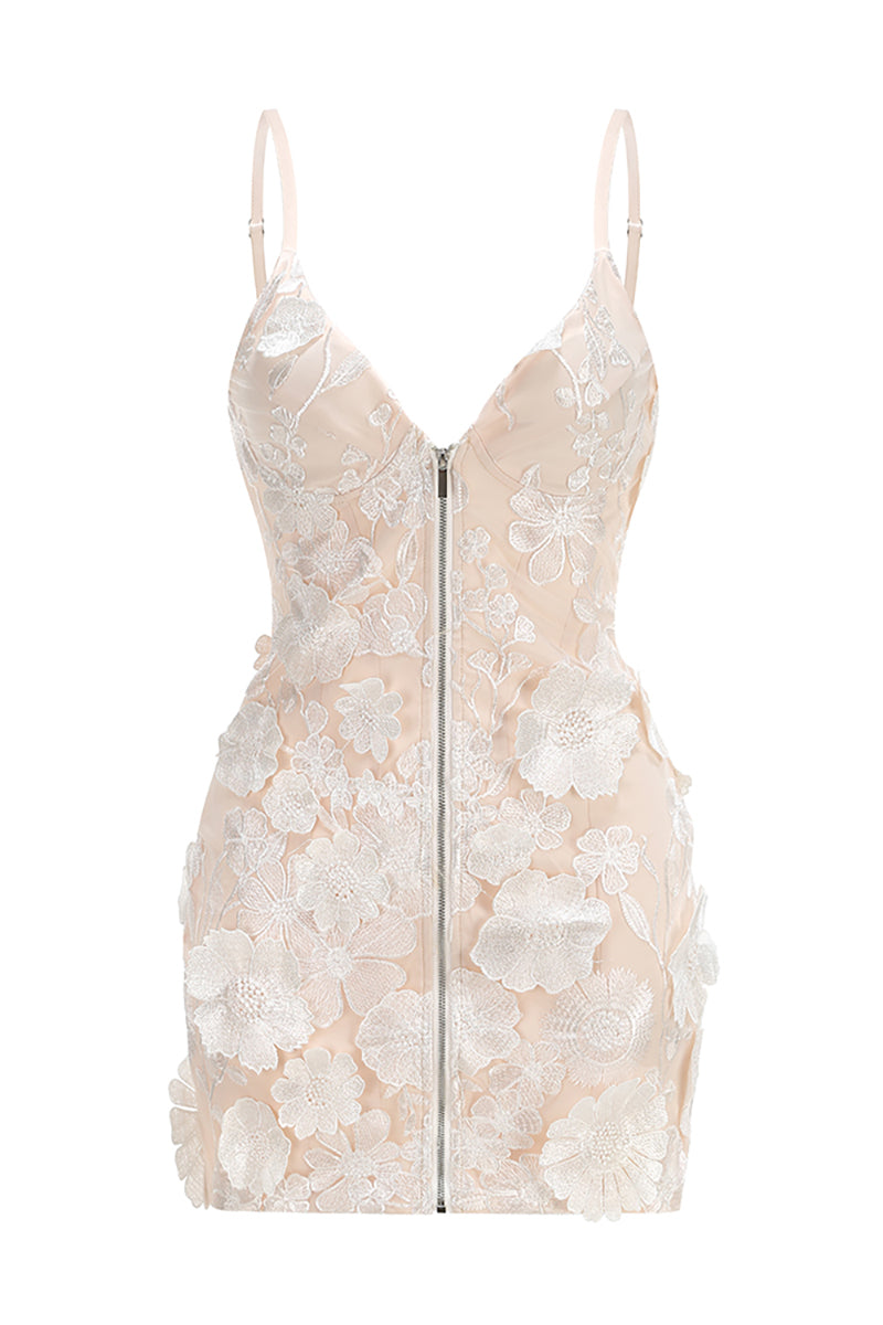 Strappy Floral Embroidered Mini Dress in Beige