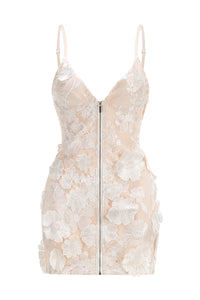 Strappy Floral Embroidered Mini Dress in Beige