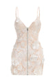 Strappy Floral Embroidered Mini Dress in Beige