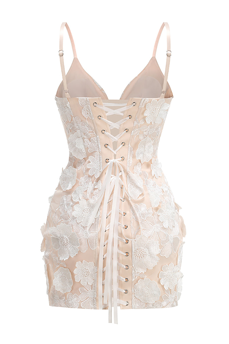 Strappy Floral Embroidered Mini Dress in Beige