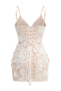 Strappy Floral Embroidered Mini Dress in Beige