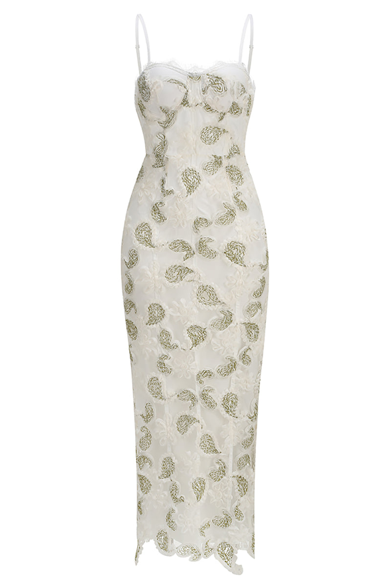 Strappy Floral Lace Midi Dress in White