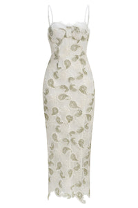 Strappy Floral Lace Midi Dress in White