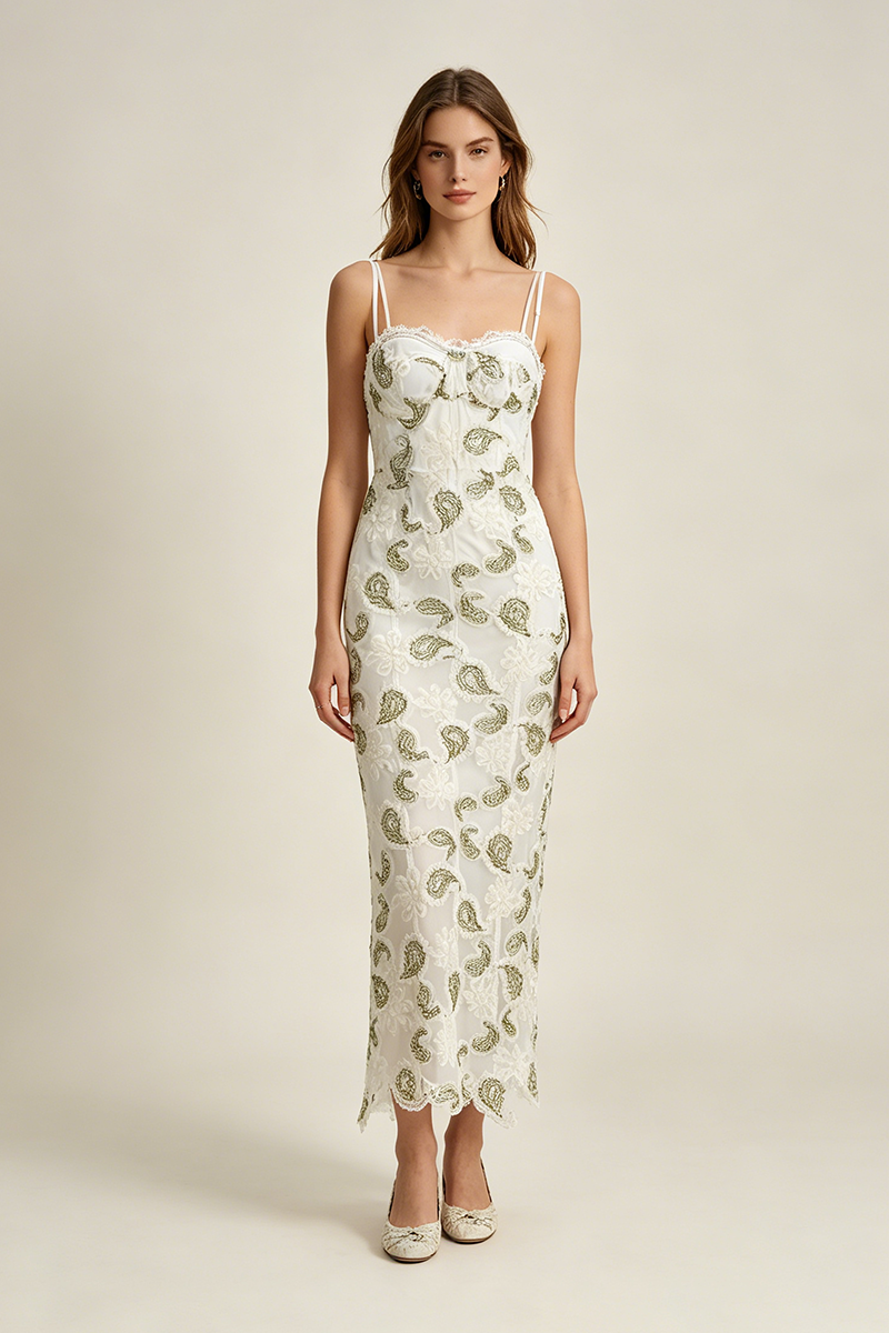 Strappy Floral Lace Midi Dress in White