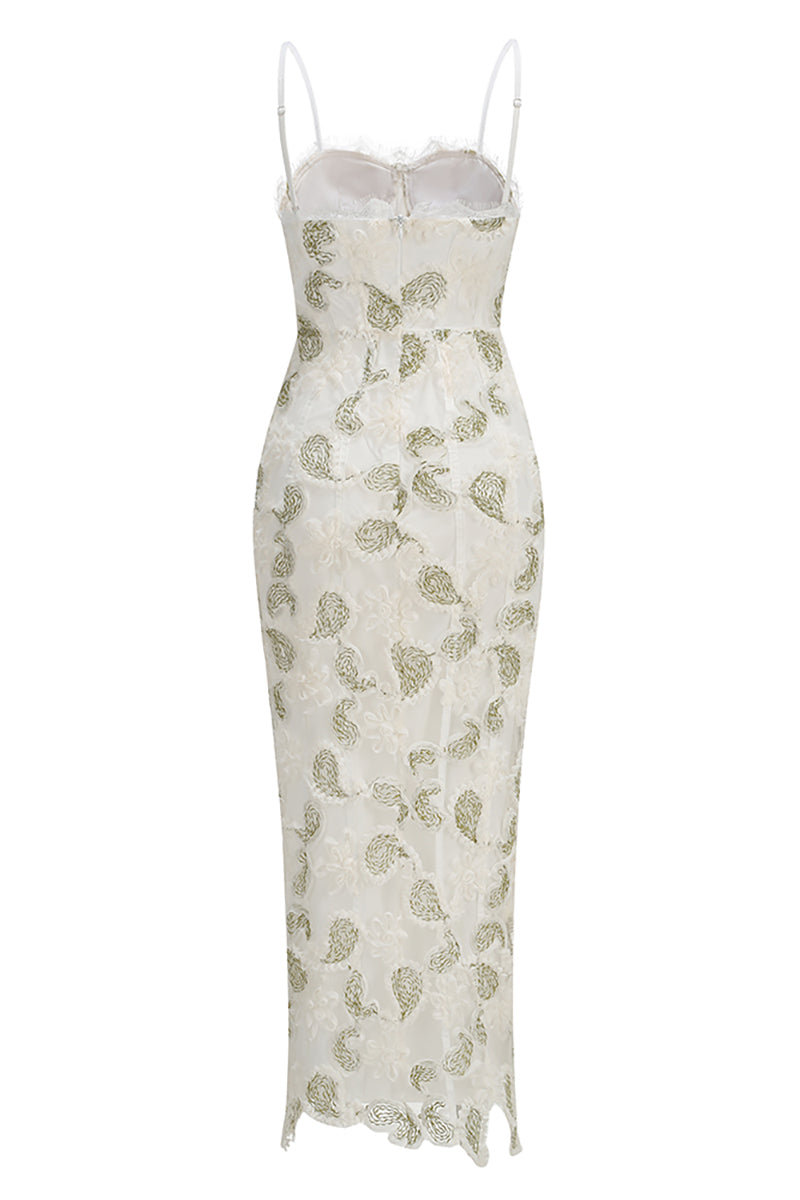 Strappy Floral Lace Midi Dress in White