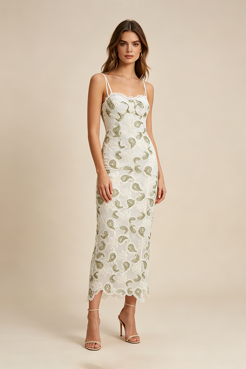 Strappy Floral Lace Midi Dress in White