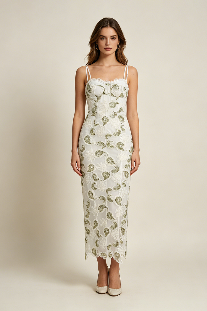 Strappy Floral Lace Midi Dress in White