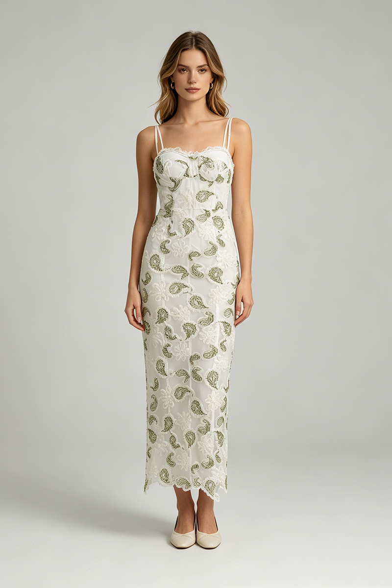 Strappy Floral Lace Midi Dress in White