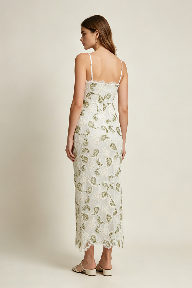 Strappy Floral Lace Midi Dress in White
