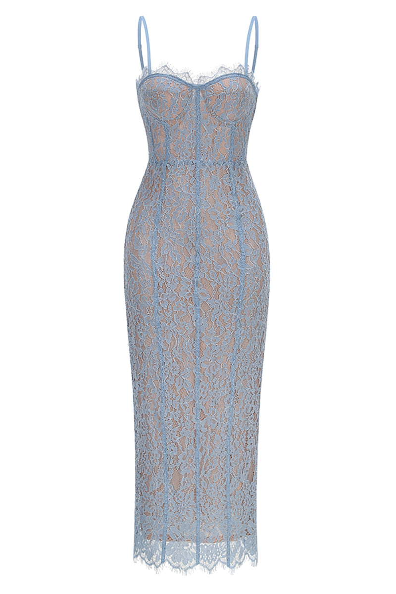 Strappy Lace Column Midi Dress in Blue