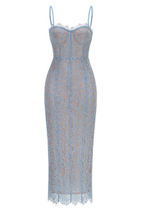 Strappy Lace Column Midi Dress in Blue
