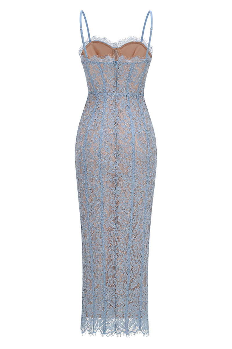 Strappy Lace Column Midi Dress in Blue