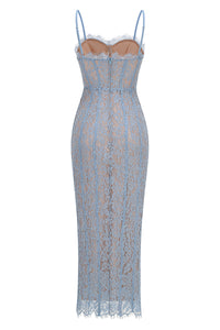 Strappy Lace Column Midi Dress in Blue