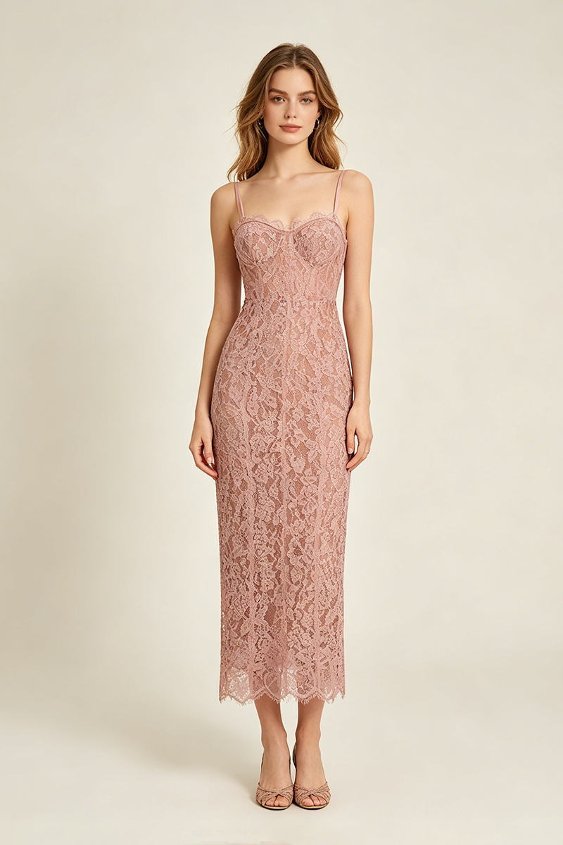 pink lace midi dress Strappy Lace Column Midi Dress in Pink – CHICIDA
