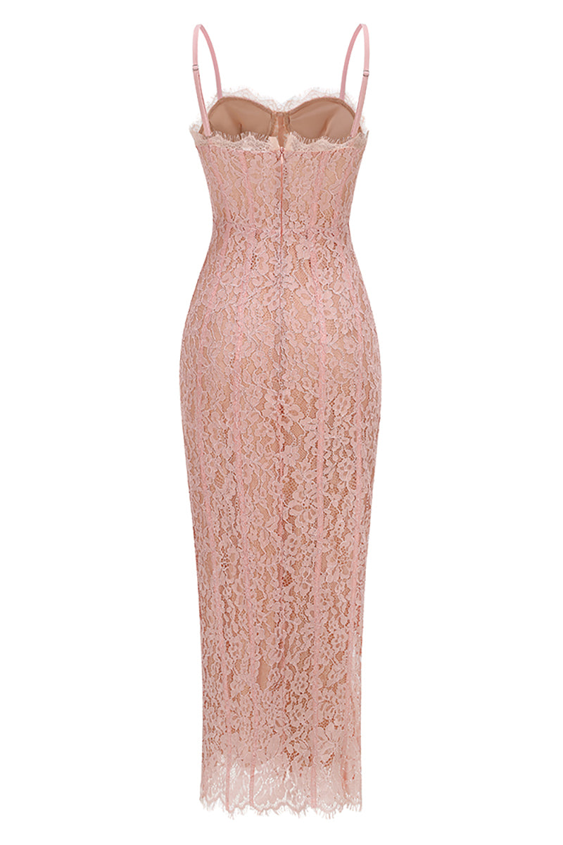 Strappy Lace Column Midi Dress in Pink