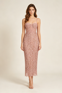 Strappy Lace Column Midi Dress in Pink