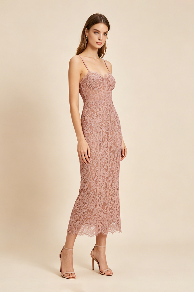 Strappy Lace Column Midi Dress in Pink