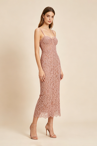 Strappy Lace Column Midi Dress in Pink