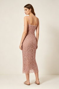 Strappy Lace Column Midi Dress in Pink