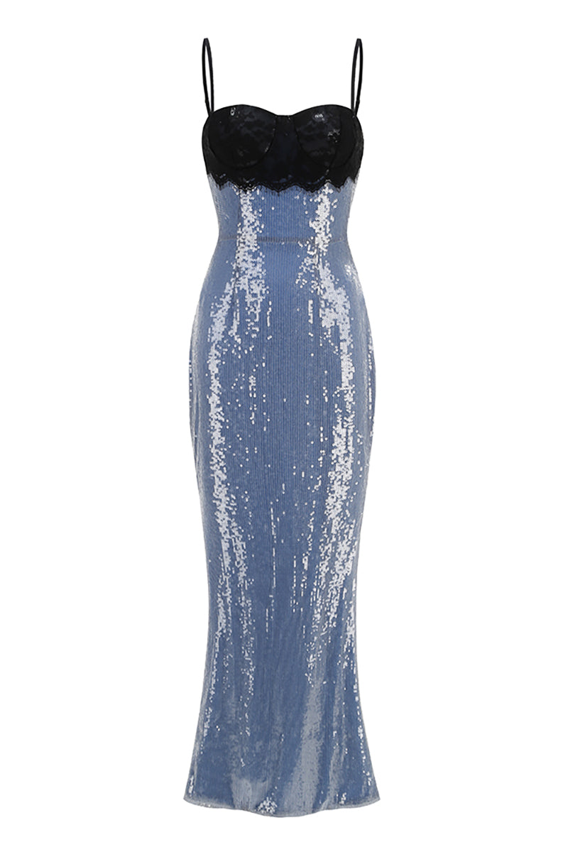 Strappy Lace Sequin Maxi Dress Blue Black