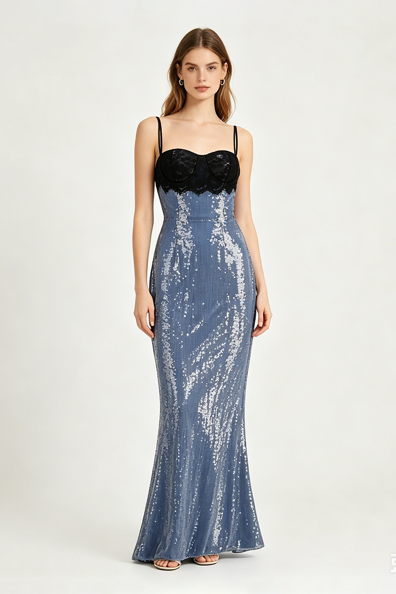 Strappy Lace Sequin Maxi Dress Blue Black