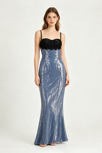 Strappy Lace Sequin Maxi Dress Blue Black