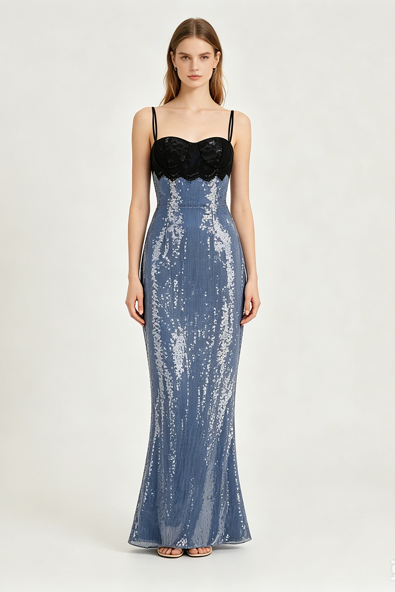 Strappy Lace Sequin Maxi Dress Blue Black