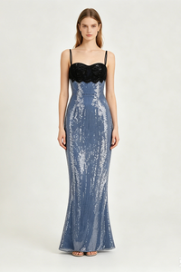 Strappy Lace Sequin Maxi Dress Blue Black