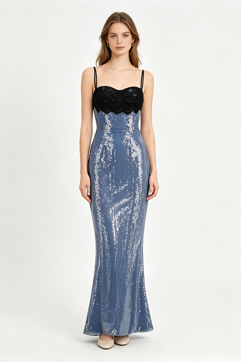 Strappy Lace Sequin Maxi Dress Blue Black