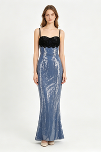 Strappy Lace Sequin Maxi Dress Blue Black