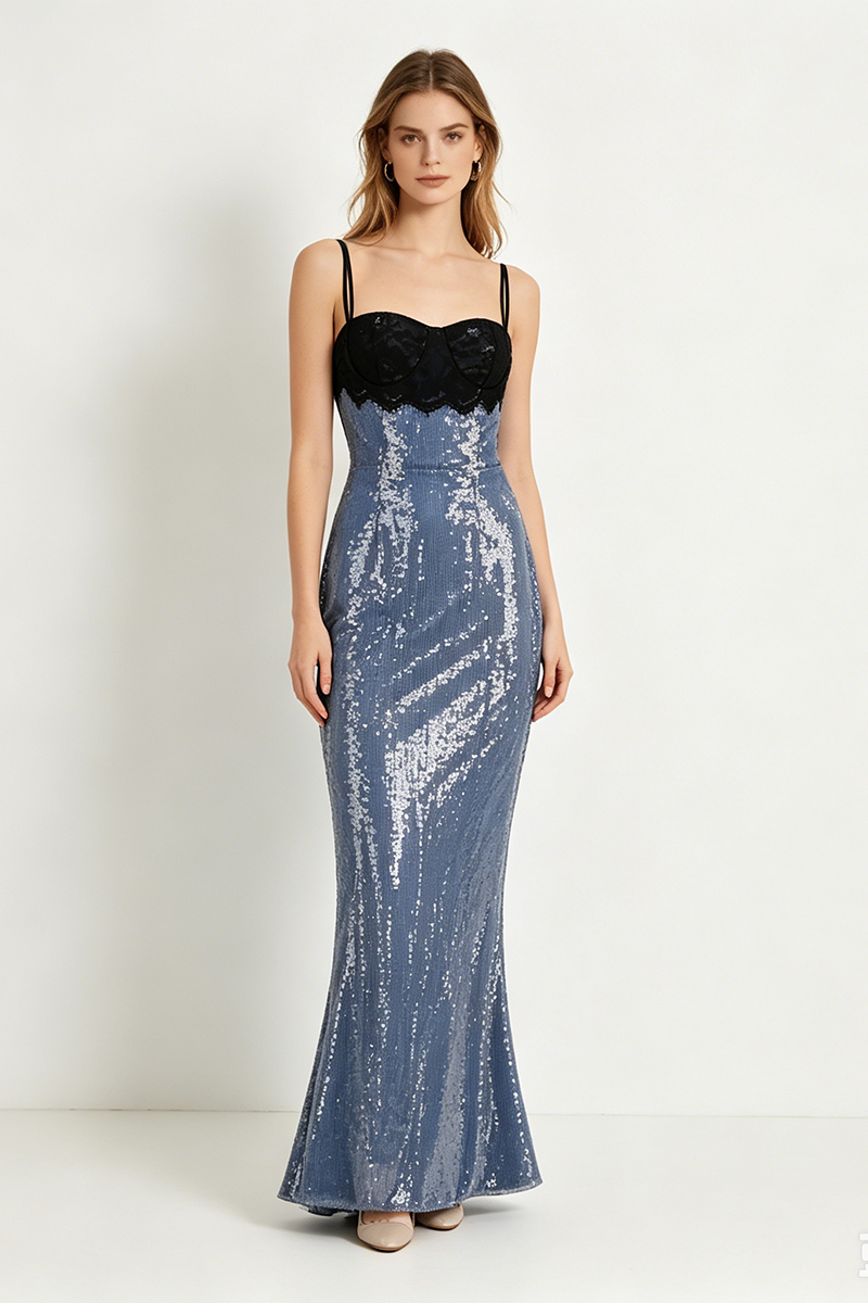 Strappy Lace Sequin Maxi Dress Blue Black
