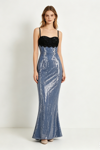 Strappy Lace Sequin Maxi Dress Blue Black