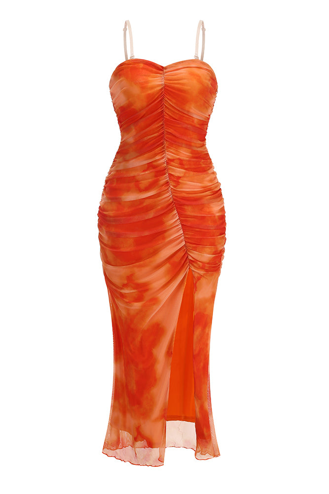 Strappy Ruched Mesh Maxi Dress