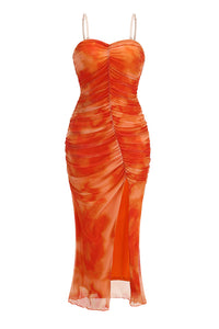 Strappy Ruched Mesh Maxi Dress