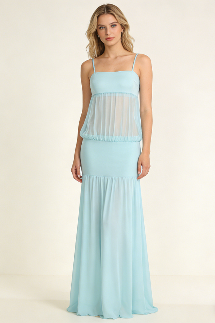 Strappy See-Through Gown in Aqua Blue
