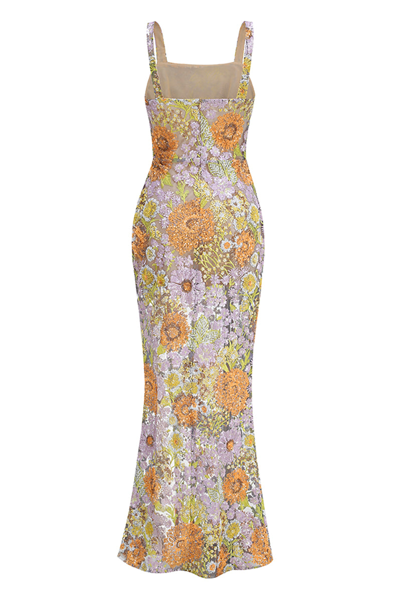 Strappy Seqiun Floral-embroidered Maxi Dress in Multi