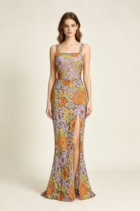 Strappy Seqiun Floral-embroidered Maxi Dress in Multi