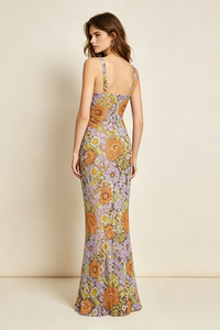 Strappy Seqiun Floral-embroidered Maxi Dress in Multi