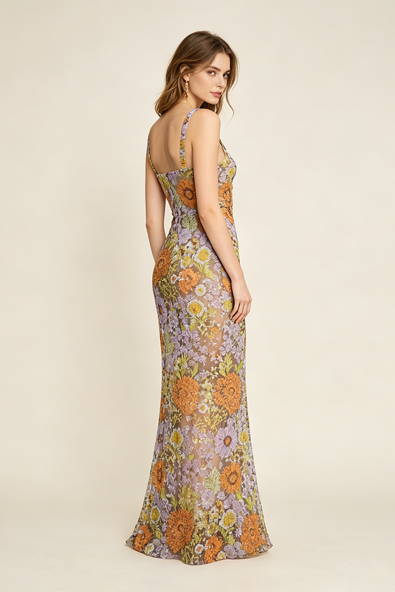 Strappy Seqiun Floral-embroidered Maxi Dress in Multi