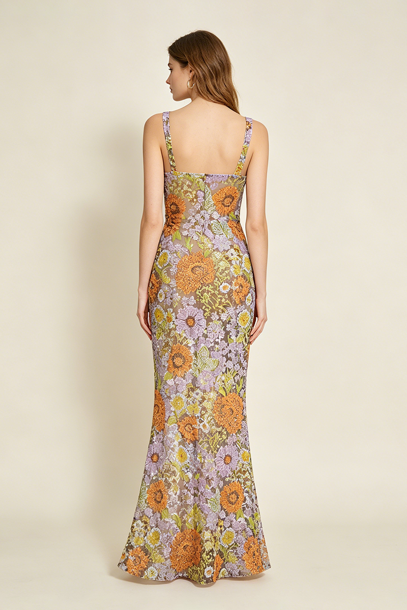 Strappy Seqiun Floral-embroidered Maxi Dress in Multi